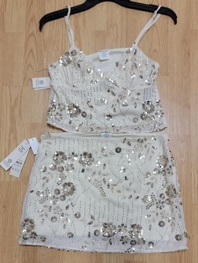 Beaded Ivory Sequin V-Neck Crop Top by No Boundaries With Mini Skirt